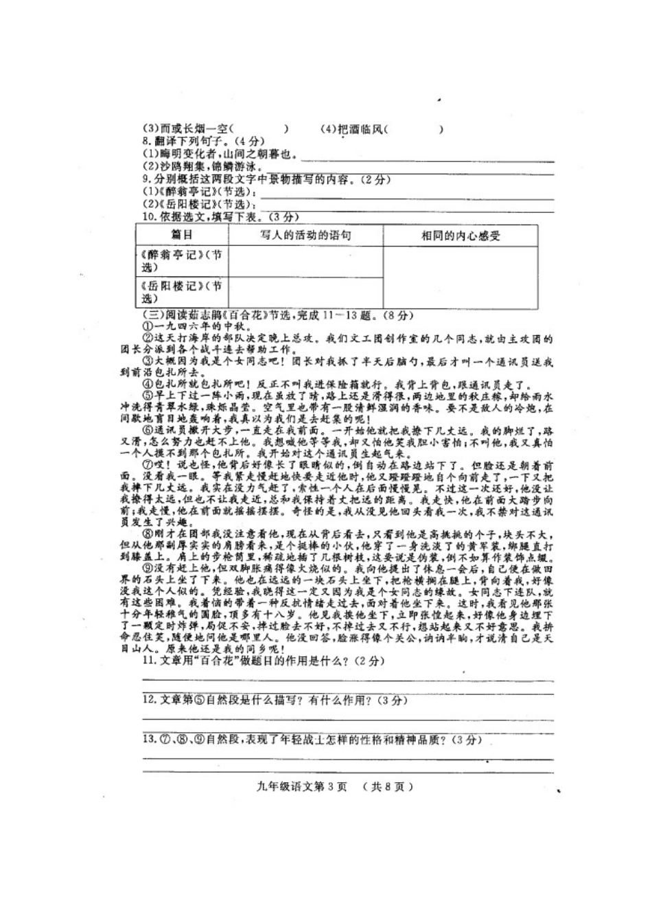 山东省菏泽市鄄城县九年级语文上学期期中试卷新人教版试卷_第3页