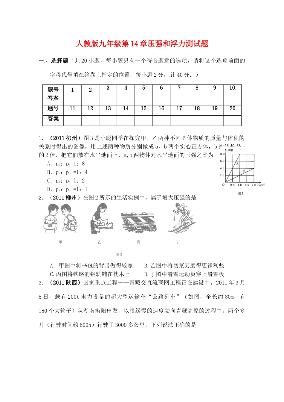 九年级物理 第14章压强和浮力测试卷 人教新课标版试卷_第1页