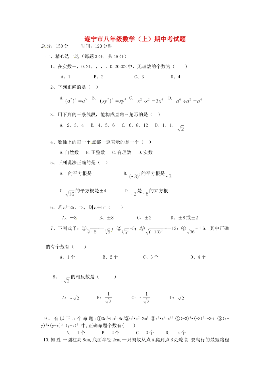 四川省遂宁市八年级数学上学期期中试卷 新人教版试卷_第1页