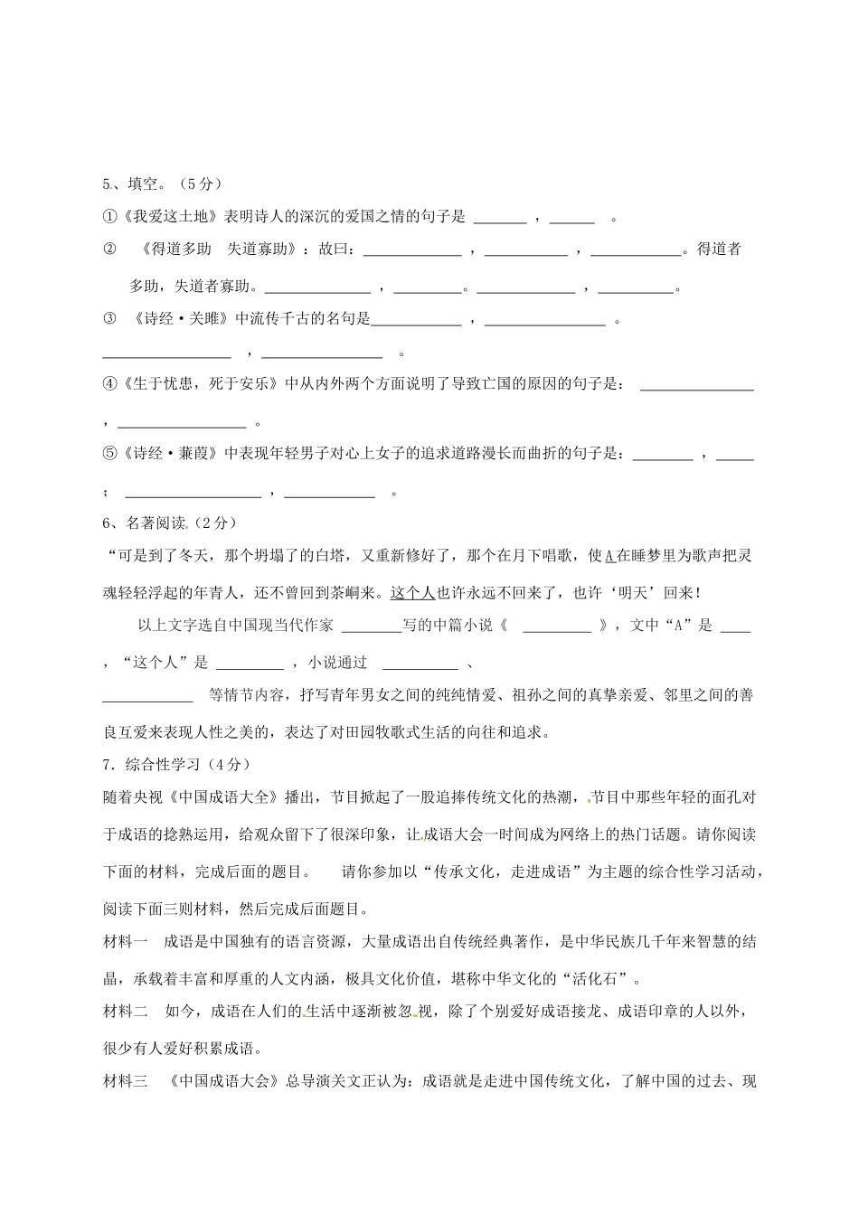 山东省广饶经济开发区九年级语文上学期第一次月考试卷 新人教版试卷_第2页