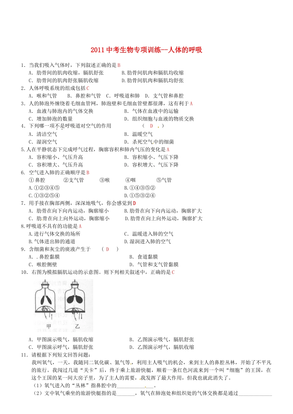 中考生物专项训练-人体的呼吸试卷_第1页