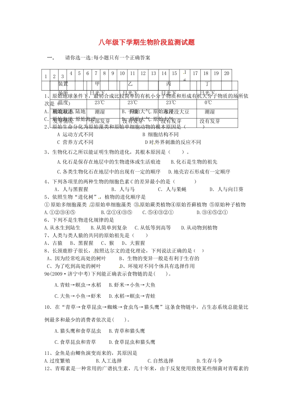 山东省微山县傅村镇一中八年级生物下学期3月月考试卷试卷_第1页