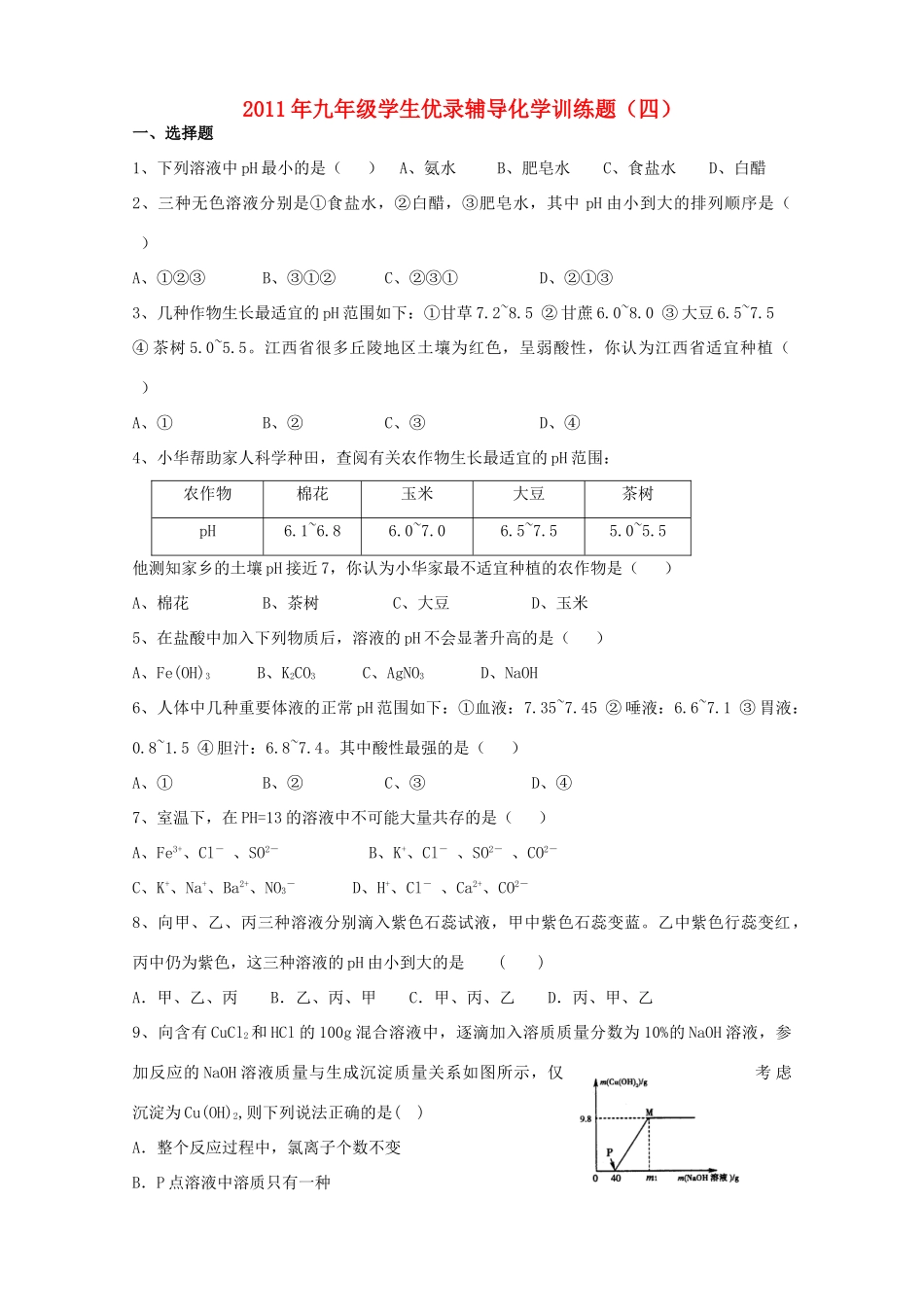 九年级化学学生优录辅导训练题(四)试卷_第1页
