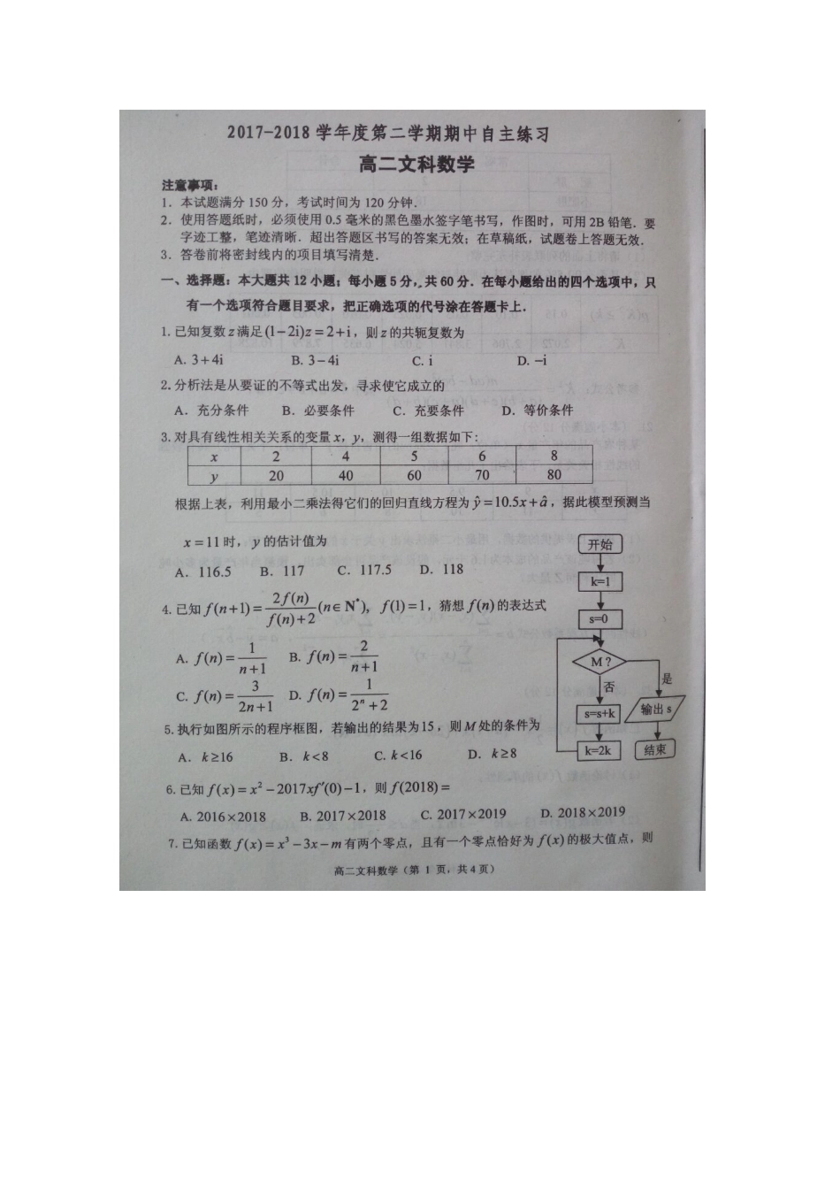 山东省栖霞二中 高二数学下学期期中试卷 文试卷_第1页
