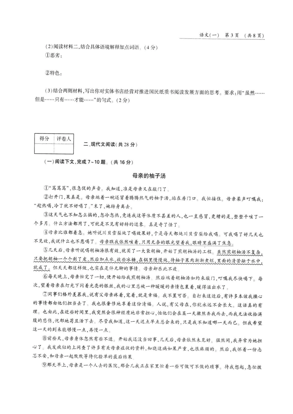 中考语文第三轮复习冲刺专用模拟试卷(一)(pdf，无答案)试卷_第3页
