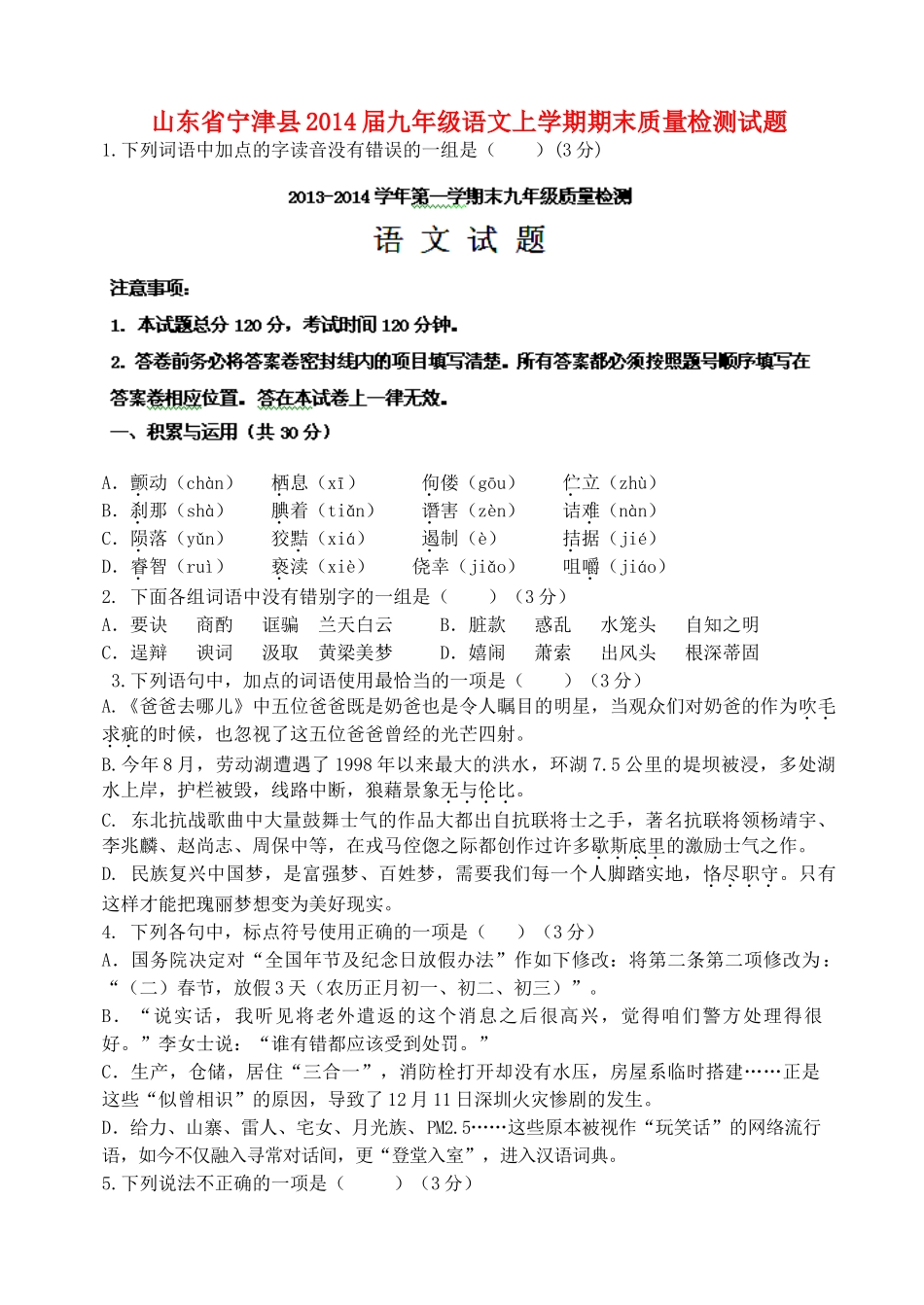 山东省宁津县九年级语文上学期期末质量检测试卷 新人教版试卷_第1页