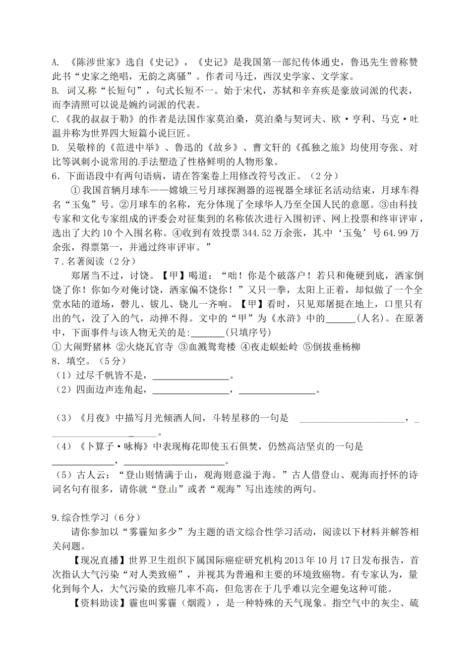 山东省宁津县九年级语文上学期期末质量检测试卷 新人教版试卷_第2页