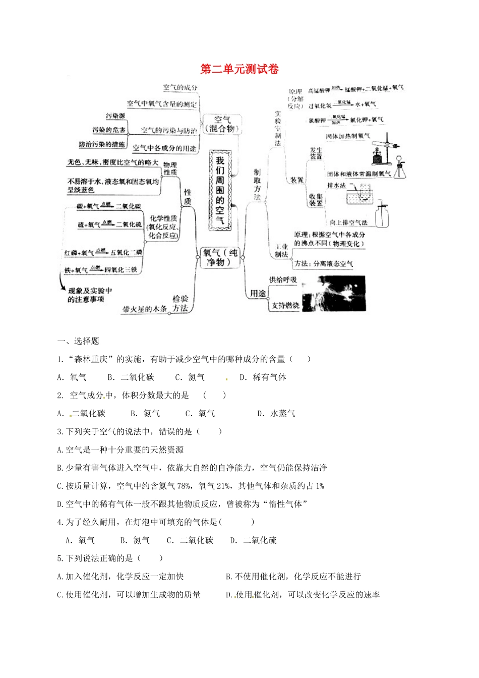 九年级化学上册 第二单元 我们周围的空气综合测试 新人教版试卷_第1页