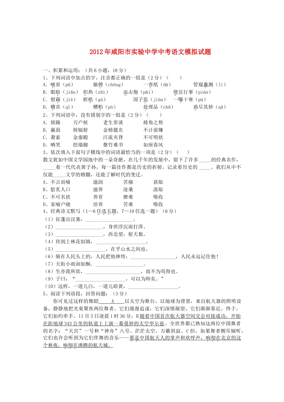 中考语文下学期模拟试卷 新人教版试卷_第1页