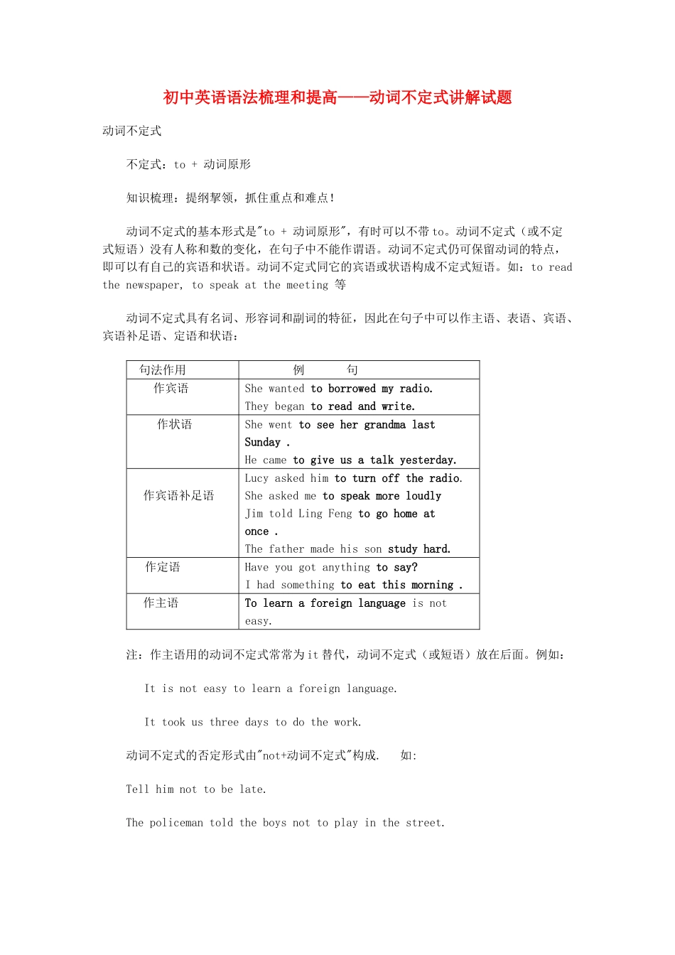 初中英语 语法梳理和提高 动词不定式讲解试题_第1页