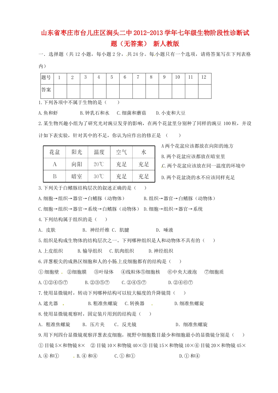 山东省枣庄市台儿庄区涧头二中七年级生物阶段性诊断试卷 新人教版试卷_第1页