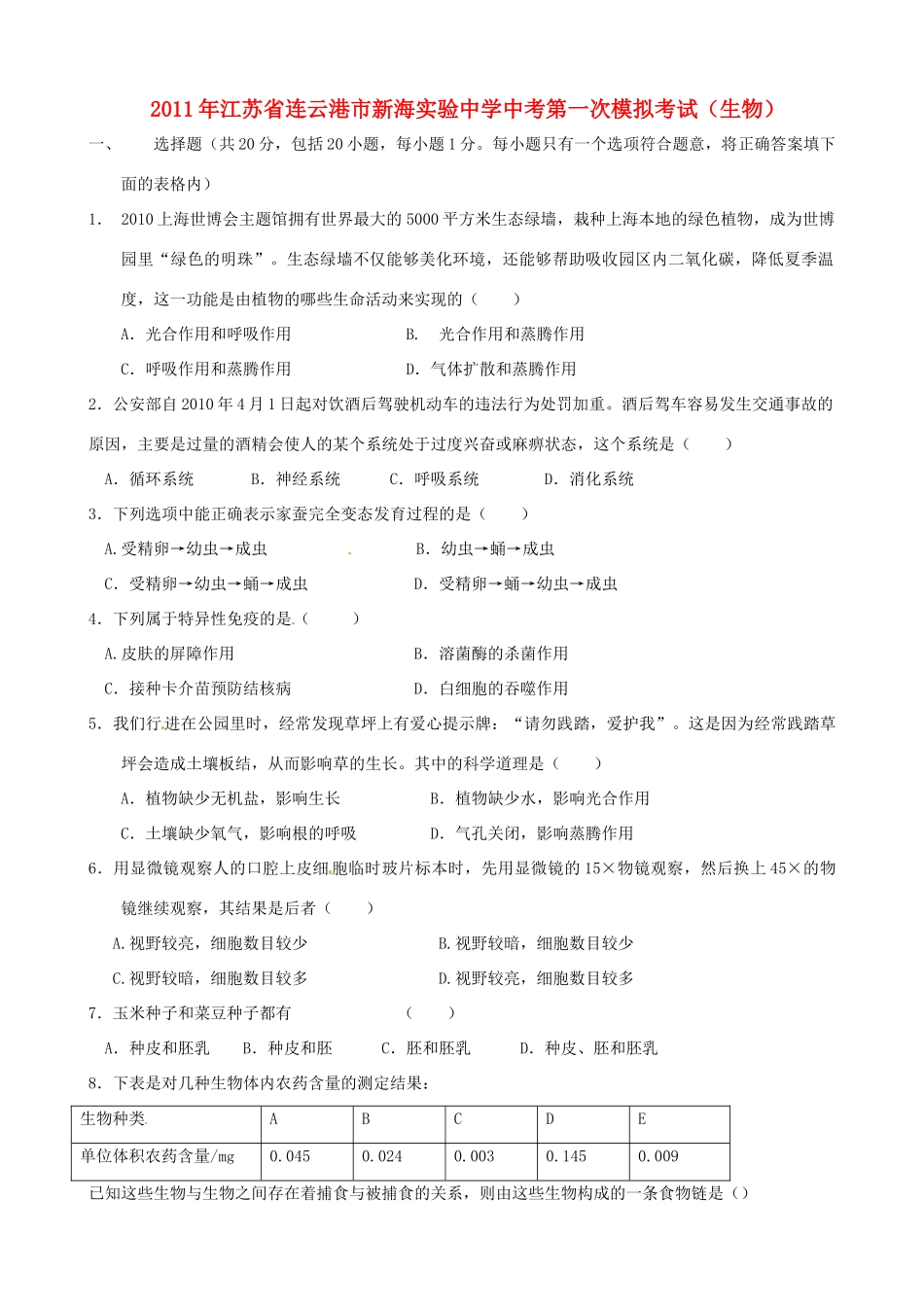 中考生物第一次模拟考试试卷_第1页