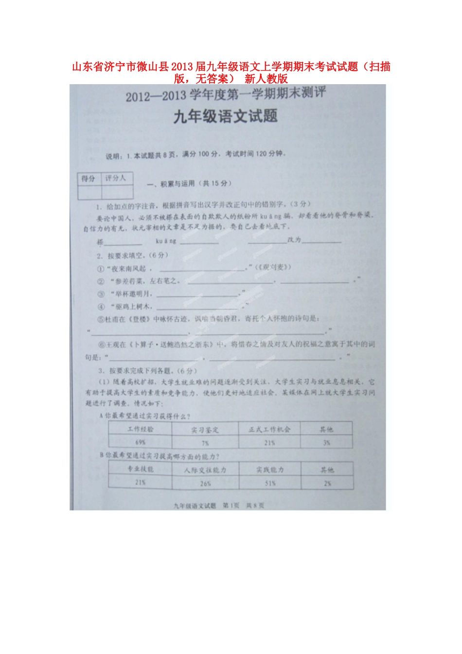 山东省济宁市微山县九年级语文上学期期末考试试卷(扫描版，无答案) 新人教版试卷_第1页