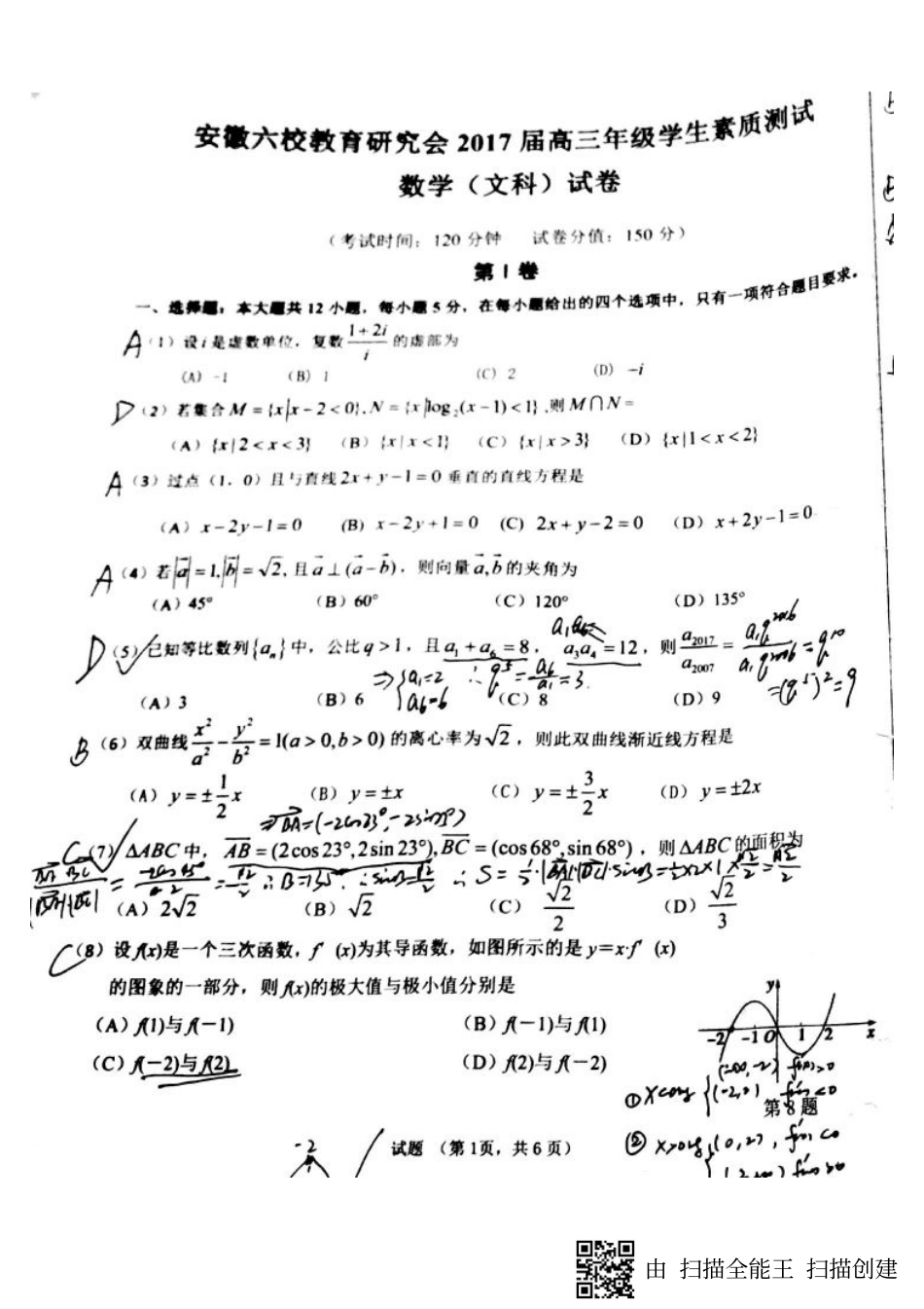 安徽省合肥一中、芜湖一中等六校高三数学2月学生素质测试试卷 文(PDF)试卷_第1页
