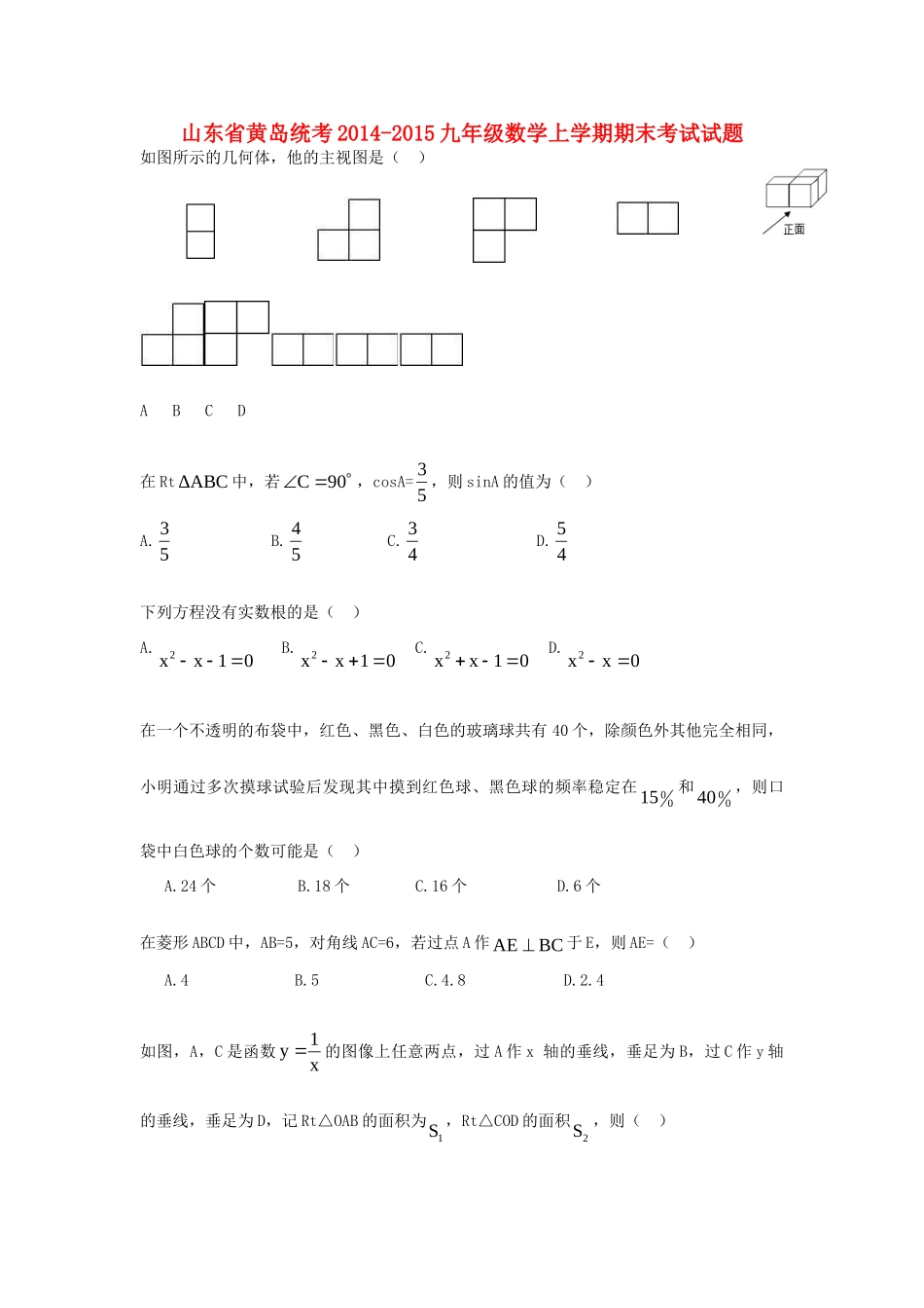 山东省黄岛统考 九年级数学上学期期末考试试卷 北师大版试卷_第1页