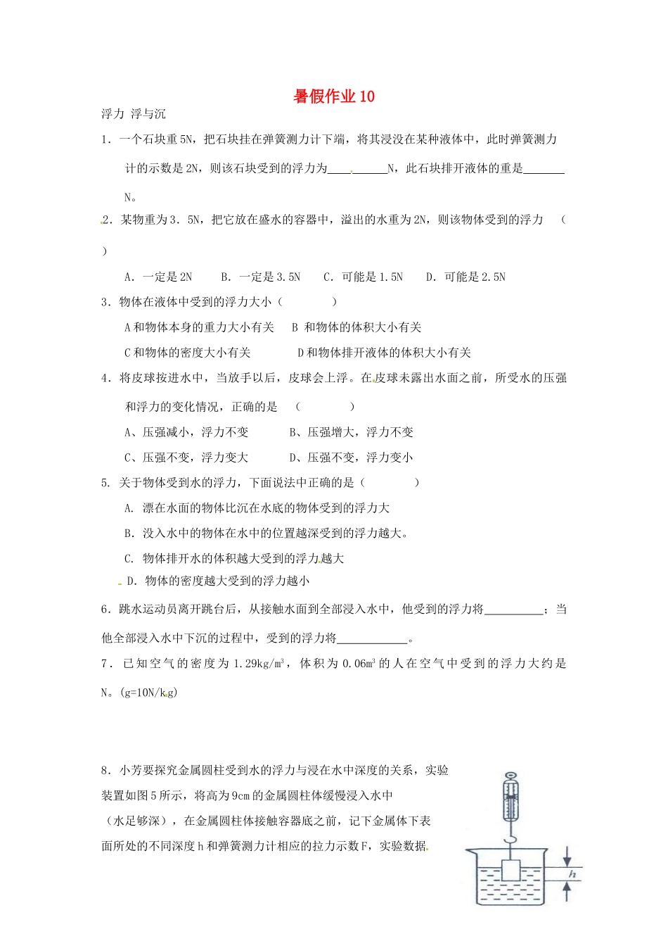 九年级物理 暑假作业10 新人教版试卷_第1页