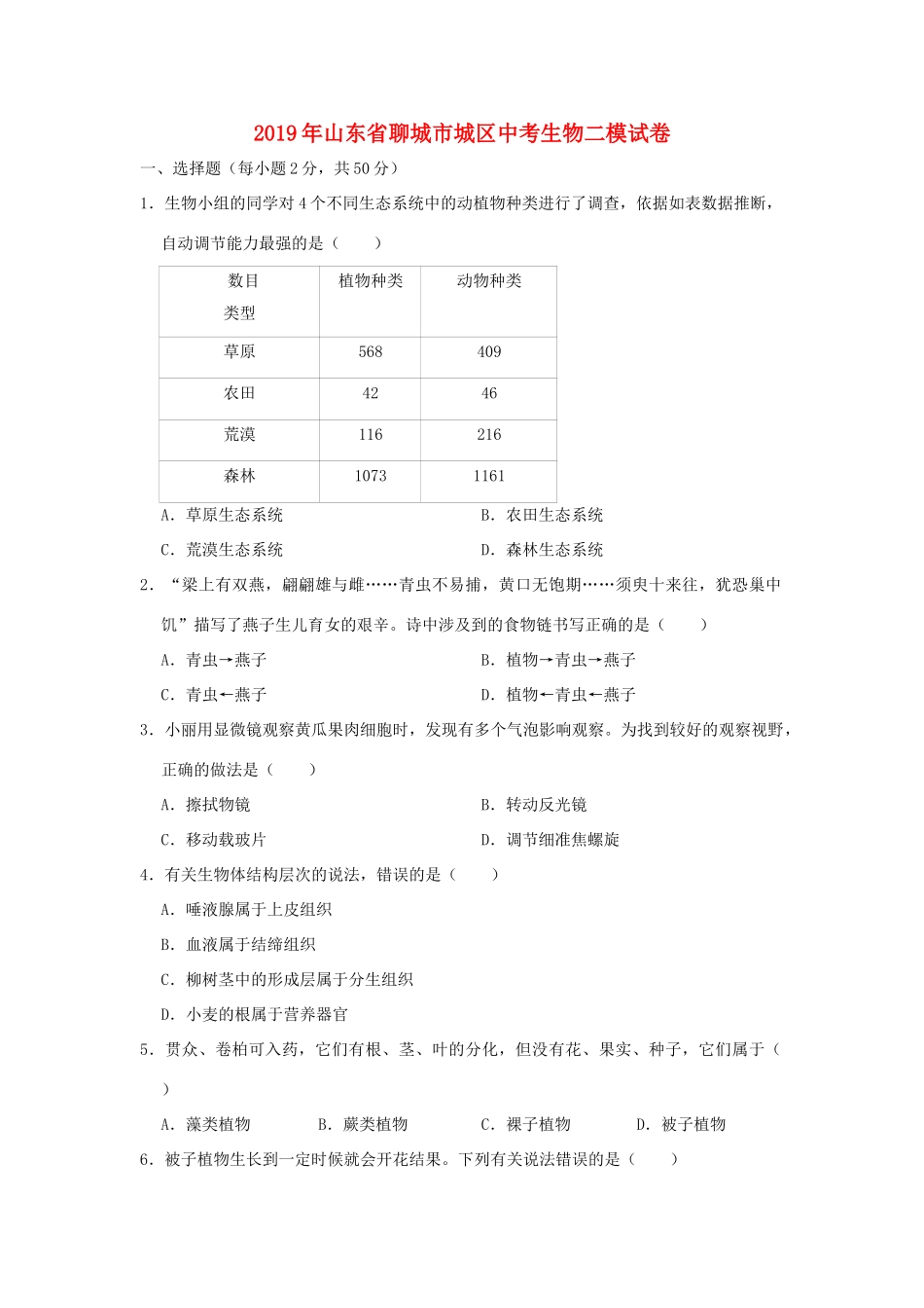 山东省聊城市城区中考生物二模试卷试卷_第1页