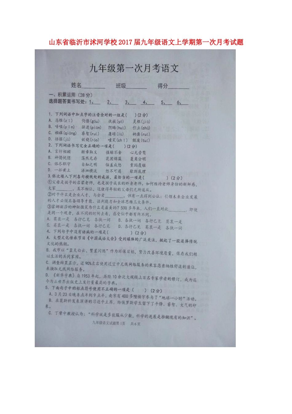 山东省临沂市沭河学校九年级语文上学期第一次月考试卷新人教版试卷_第1页