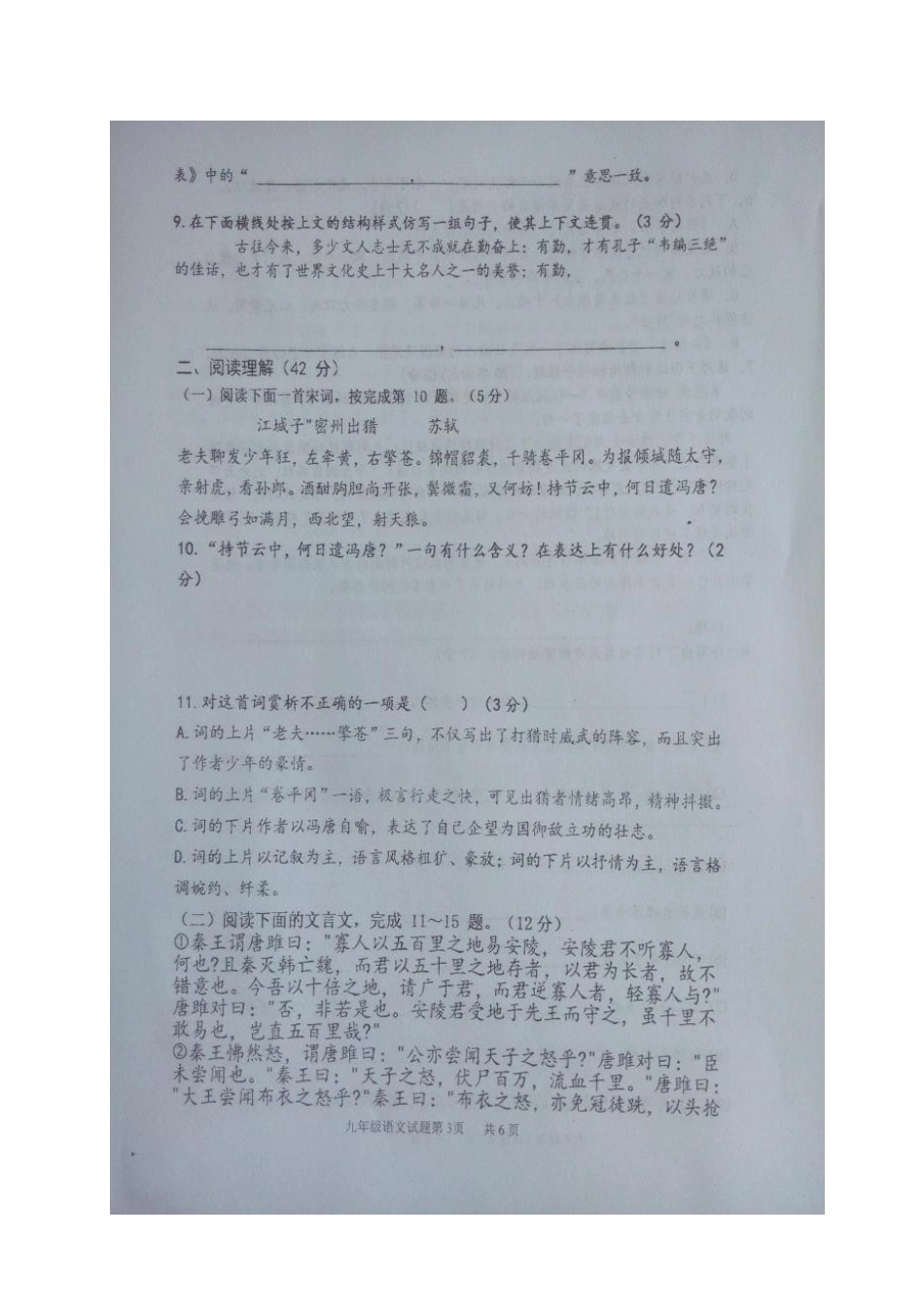 山东省临沂市沭河学校九年级语文上学期第一次月考试卷新人教版试卷_第3页