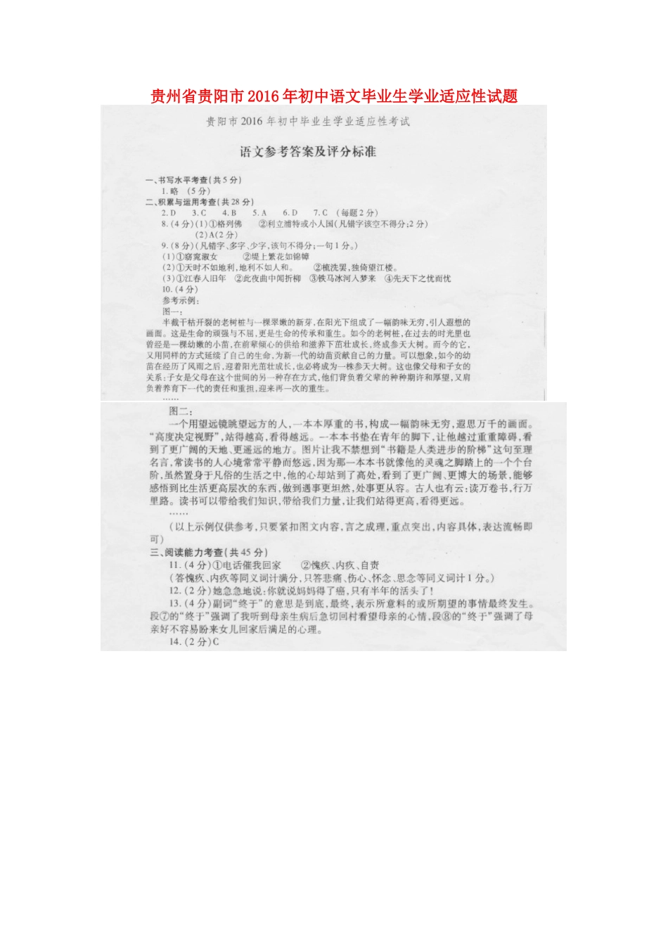 初中语文毕业生学业适应性试题答案 060637_第1页