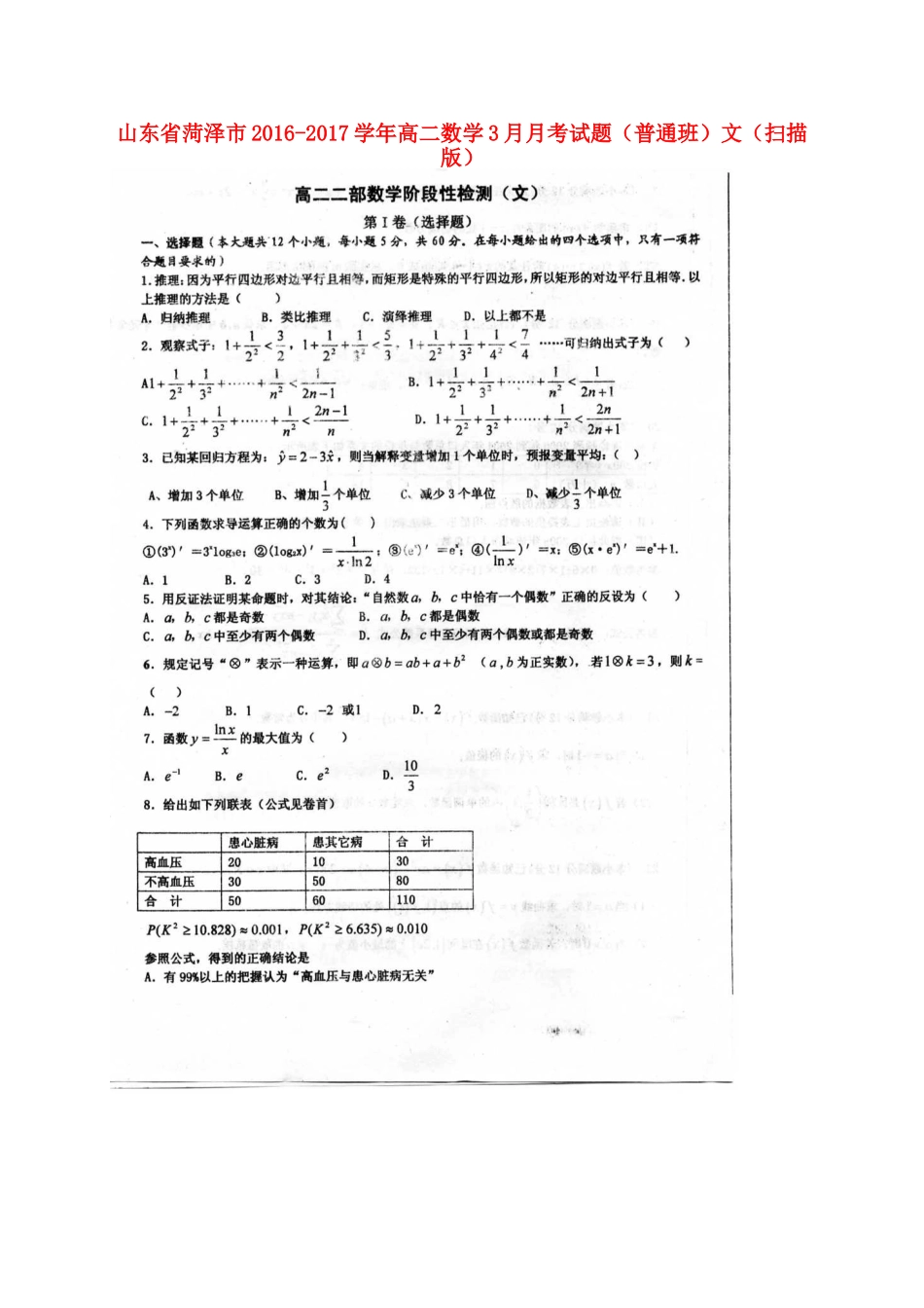 山东省菏泽市 高二数学3月月考试卷(普通班)文试卷_第1页