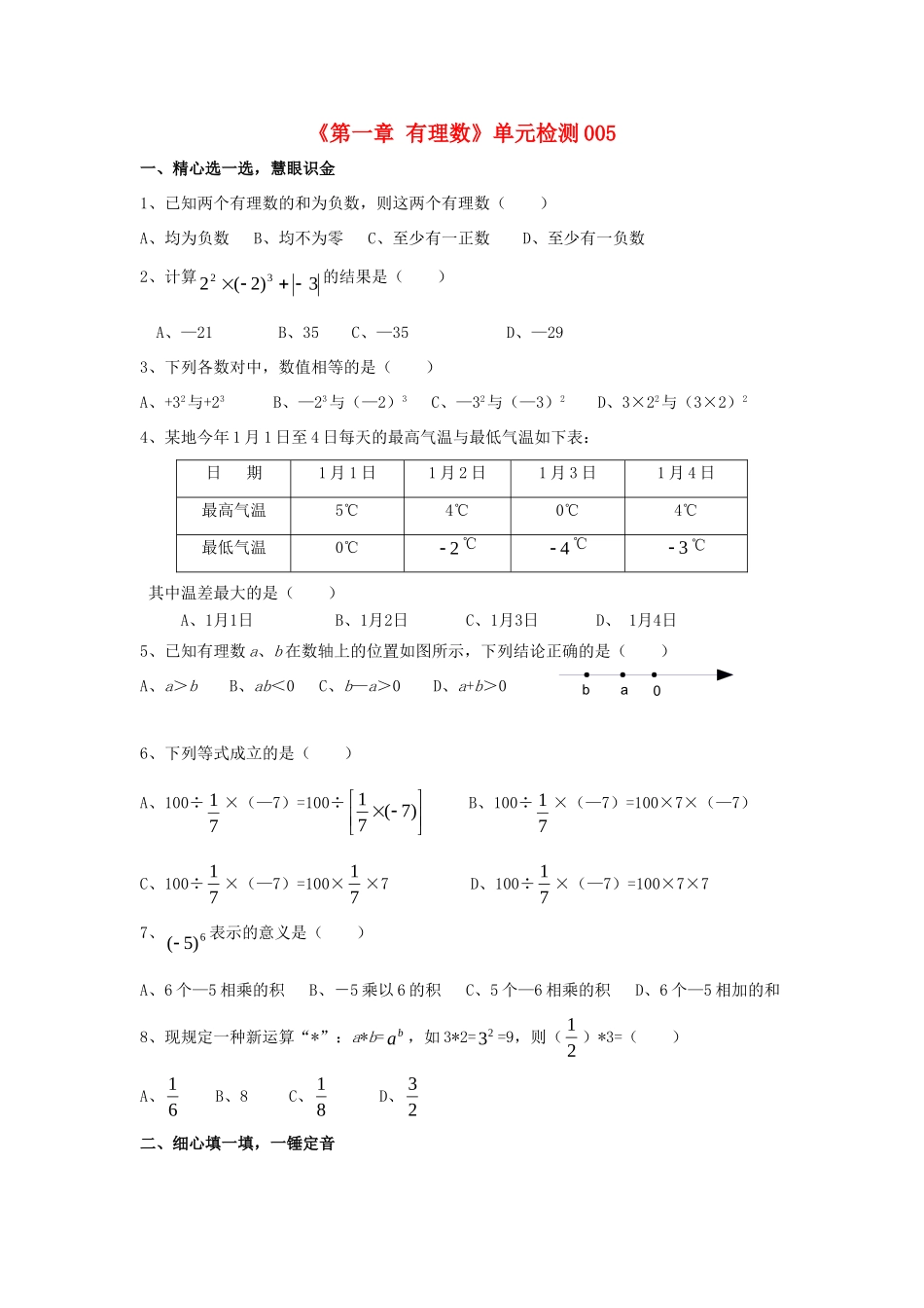 山东省肥城市七年级数学上册(第一章 有理数)单元综合检测5 (新版)新人教版试卷_第1页