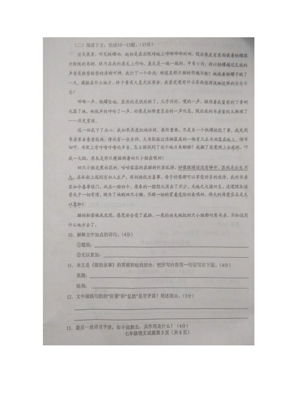 山东省菏泽市东明县七年级语文上学期教学质量检测试卷北师大版试卷_第3页