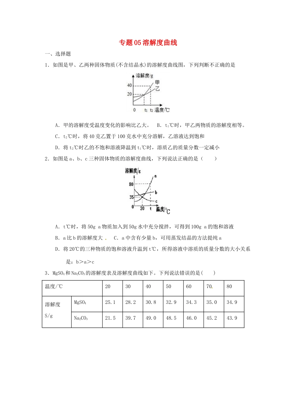 决胜中考化学压轴题揭秘 专题05 溶解度曲线(预测题，无答案) 试题_第1页