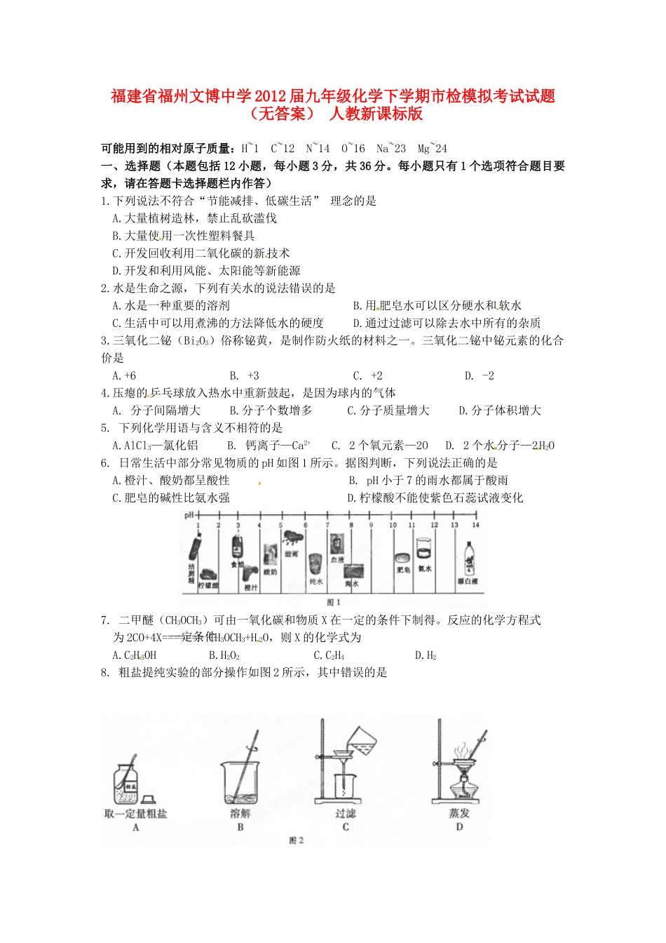 九年级化学下学期市检模拟考试试卷 人教新课标版试卷_第1页