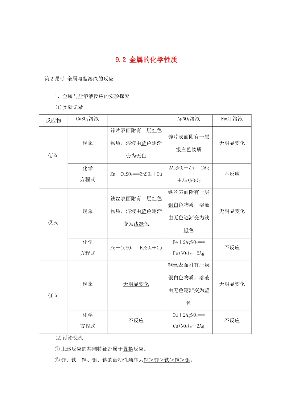 九年级化学下册 92 金属的化学性质(第2课时)复习 (新版)鲁教版试卷_第1页