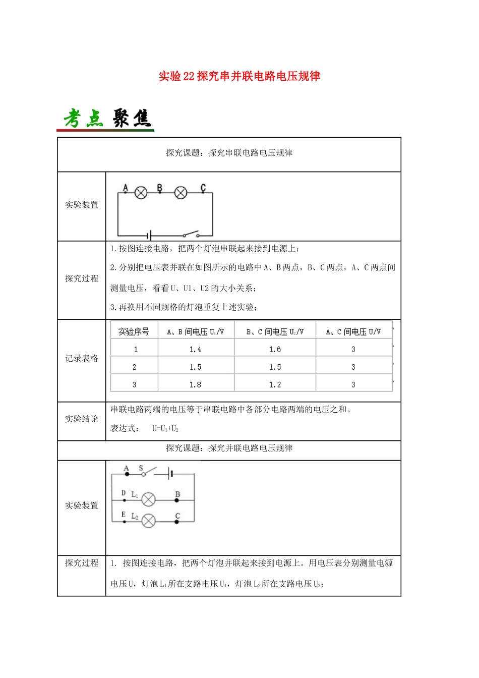 中考物理必考实验精解精练专题 实验22 探究串并联电路电压规律试卷_第1页