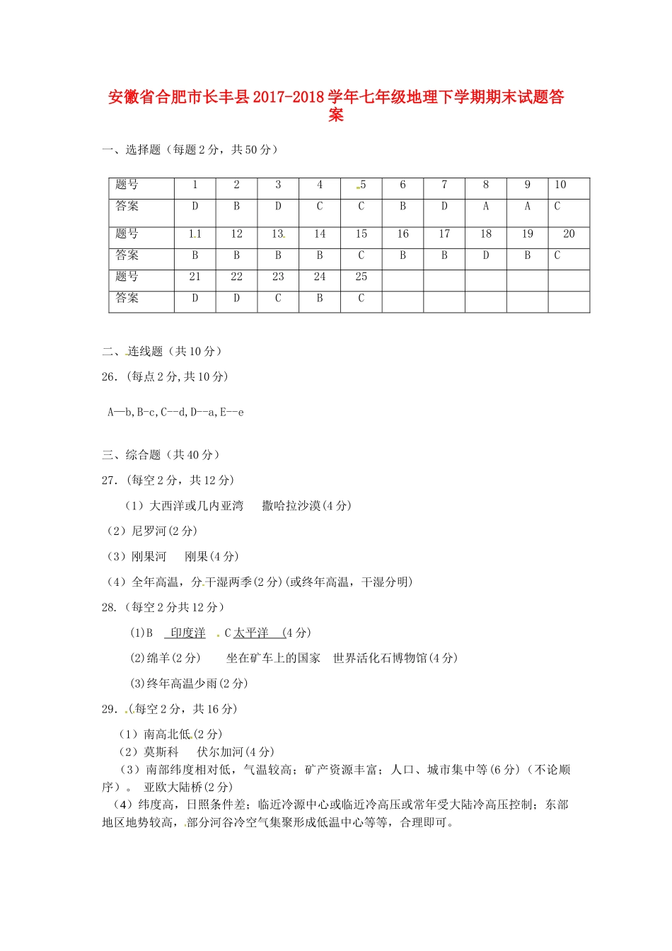安徽省合肥市长丰县七年级地理下学期期末试卷答案 新人教版 安徽省合肥市长丰县七年级地理下学期期末试卷(pdf) 新人教版_第1页