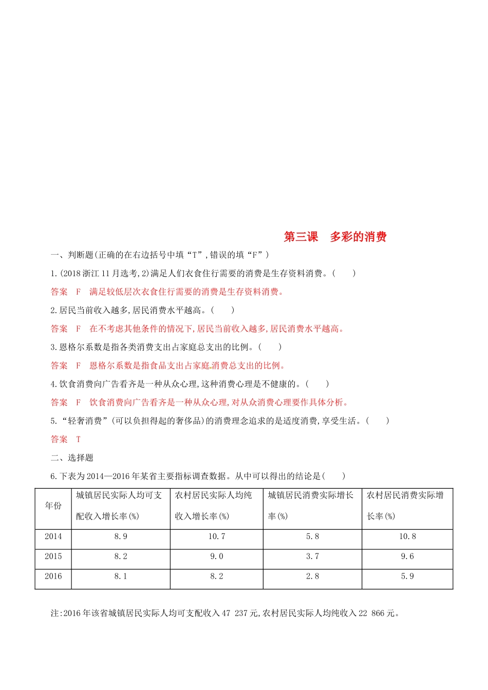 （浙江选考）高考政治一轮复习 考点突破 第一单元 生活与消费 第三课 多彩的消费考能训练 新人教版必修1-新人教版高三必修1政治试题_第1页
