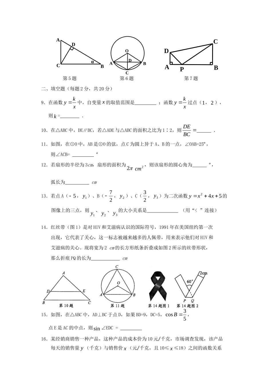 九年级数学下学期情况调研测试试卷 沪科版试卷_第2页