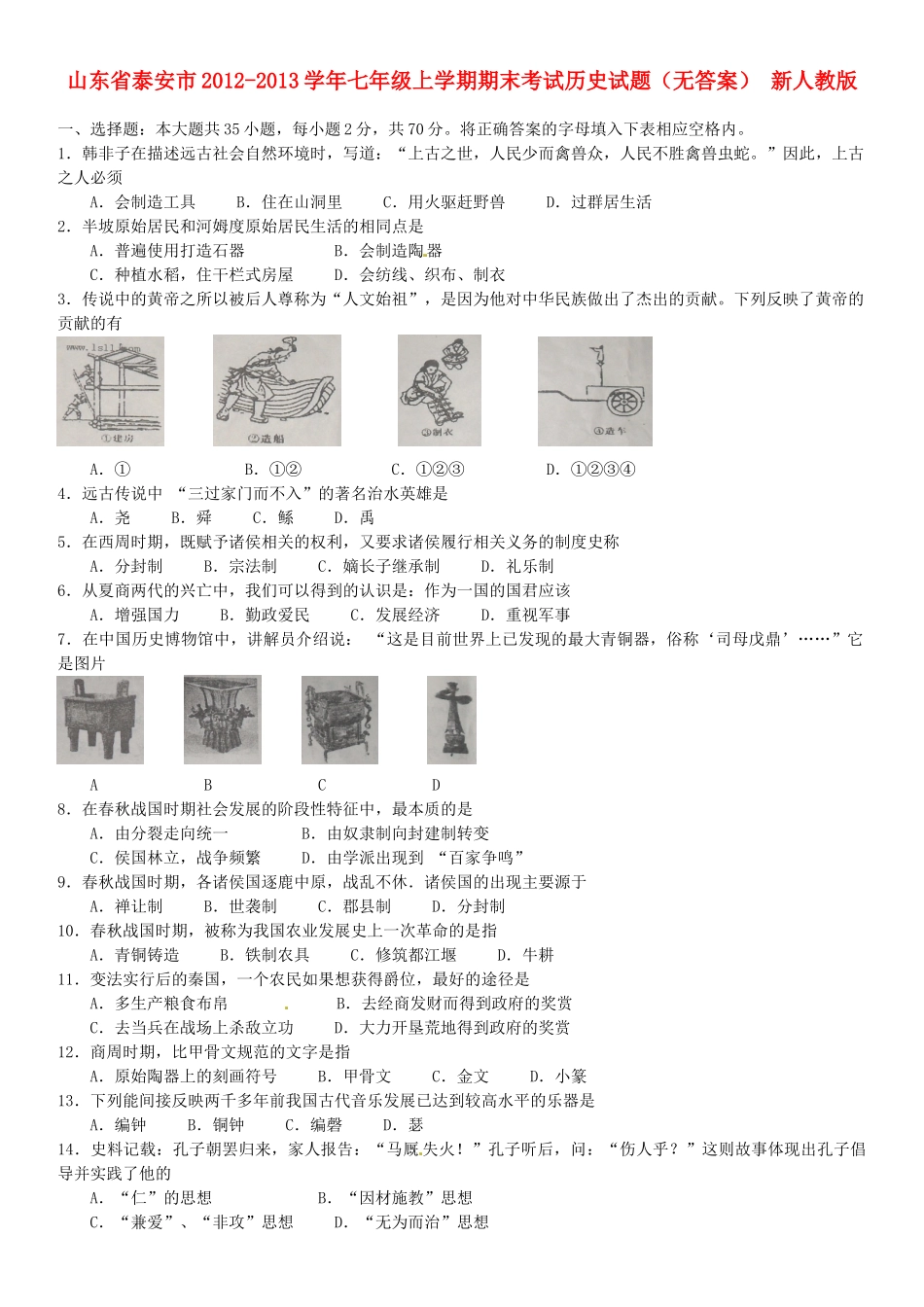山东省泰安市七年级历史上学期期末考试试卷 新人教版试卷_第1页
