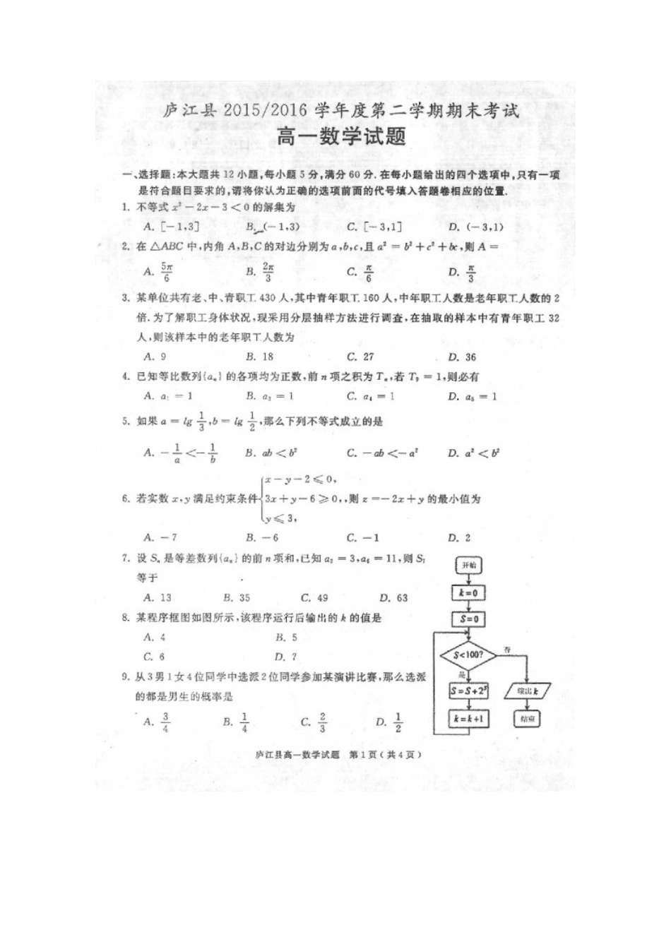 安徽省合肥市庐江县高一数学下学期期末考试试卷试卷_第1页