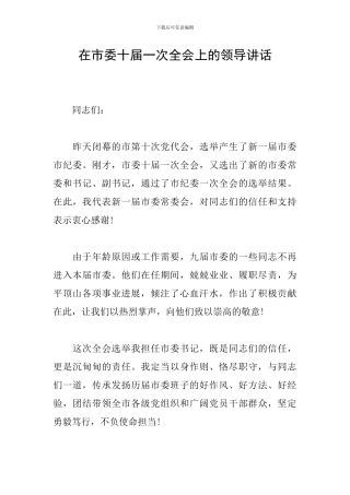 在市委十届一次全会上的领导讲话