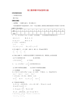 九年级数学期中考试首师大版试卷