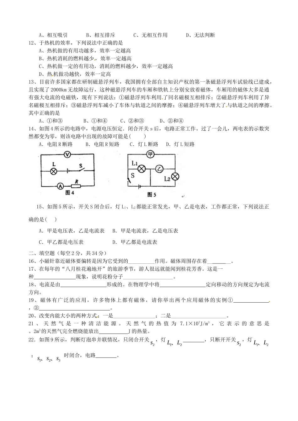 四川省崇州市桤泉镇思源学校届九年级物理上学期期中试卷_第2页