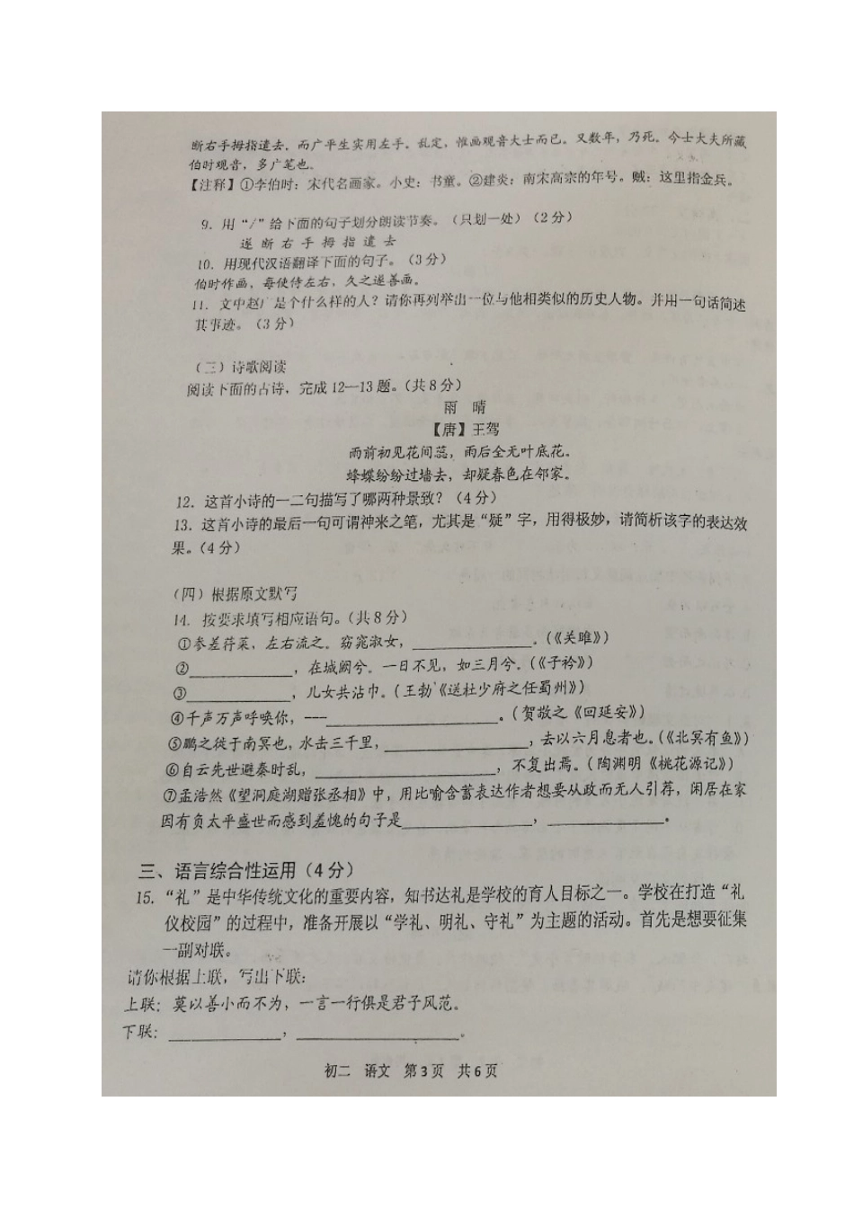 山东省济南外国语学校八年级语文下学期期中试卷新人教版试卷_第3页
