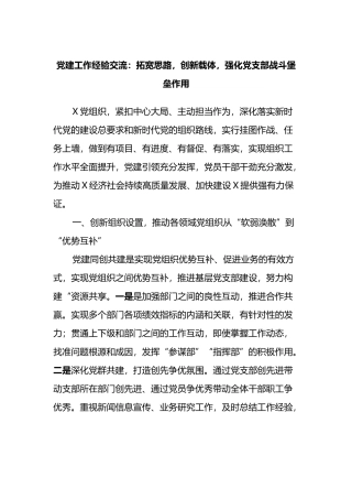 党建工作经验交流：拓宽思路，创新载体，强化党支部战斗堡垒作用