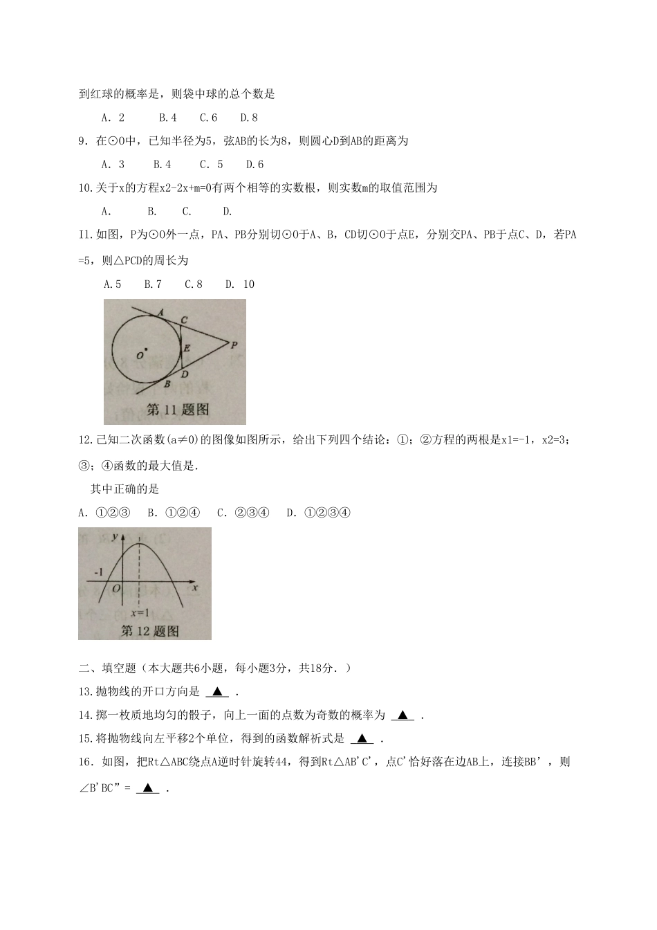 九年级数学上学期期末教学质量检测试卷 新人教版试卷_第2页