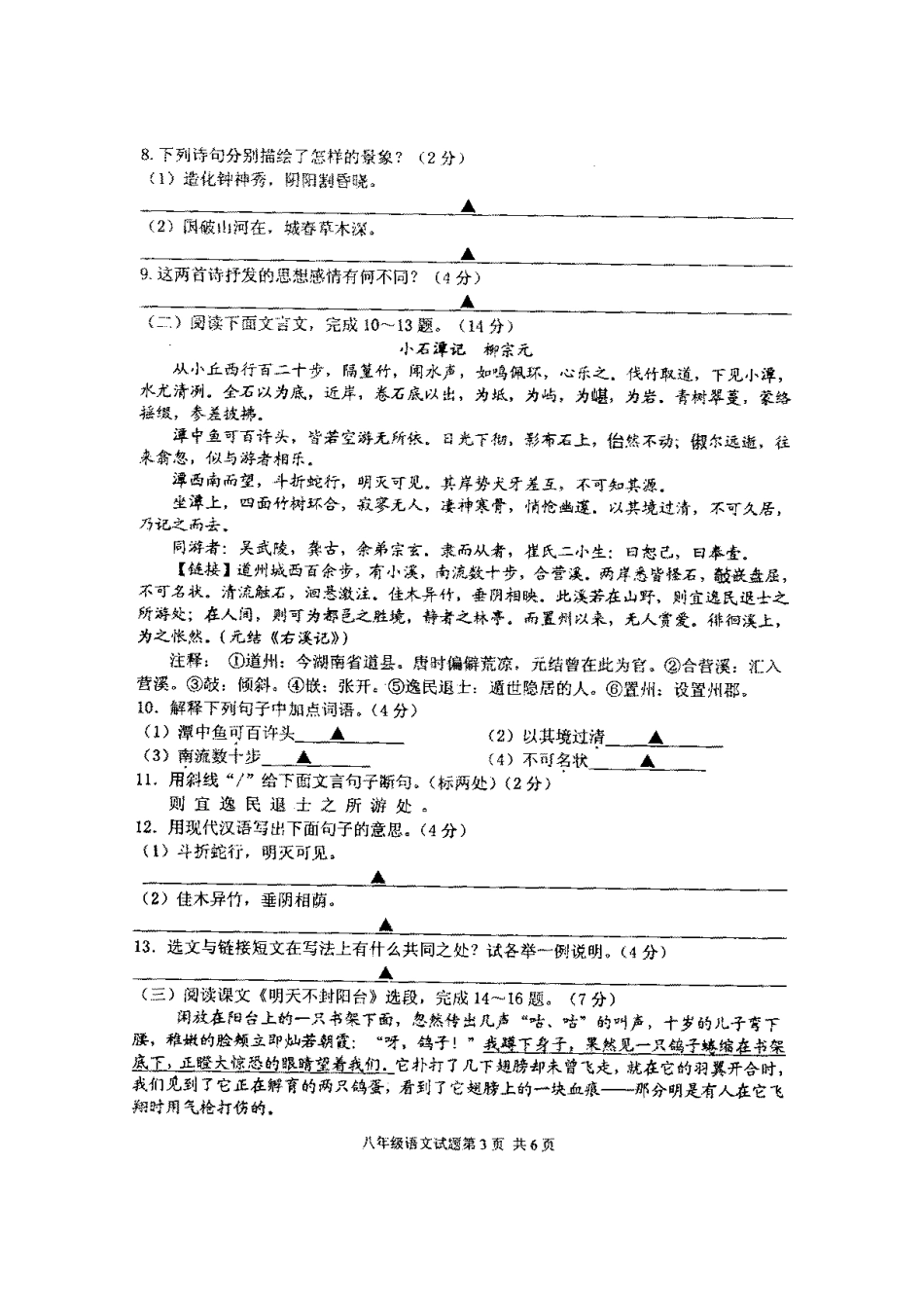 八年级语文下学期开学试题(扫描版) 苏教版 试题_第3页