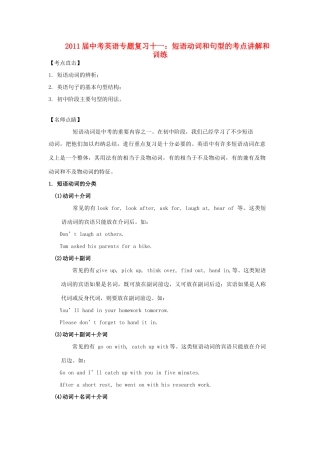中考英语专题复习十一：短语动词和句型的考点讲解和训练试卷