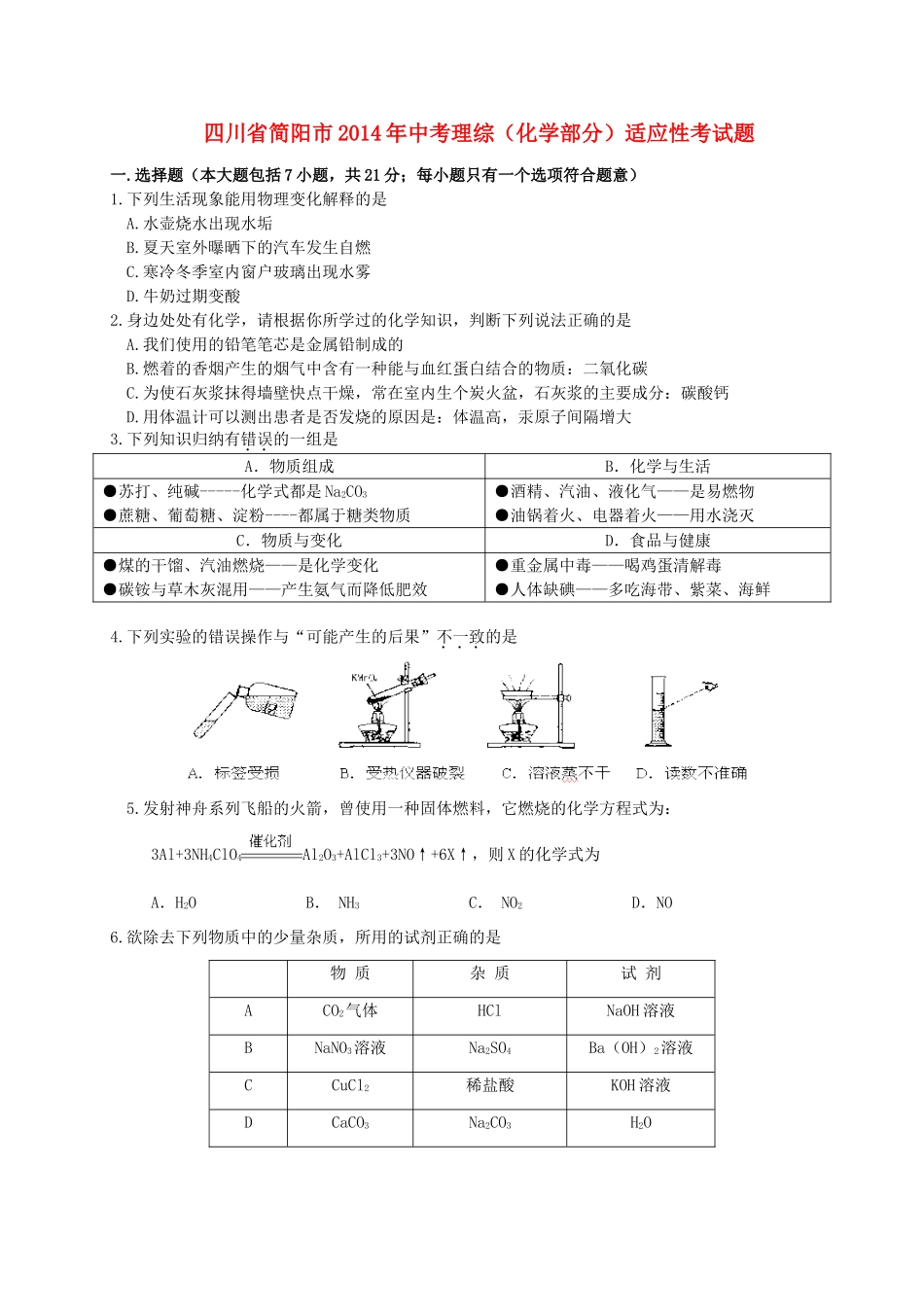 中考理综(化学部分)适应性考试卷试卷_第1页