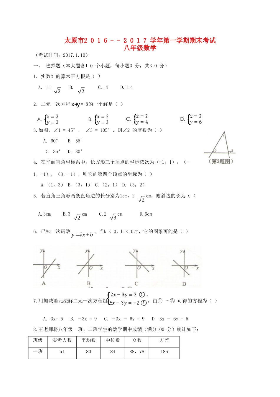山西省太原市 八年级数学上学期期末考试试卷_第1页