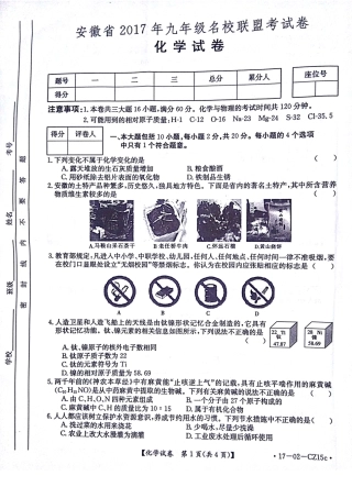 九年级化学学业毕业模拟试卷(一)(pdf，无答案)试卷