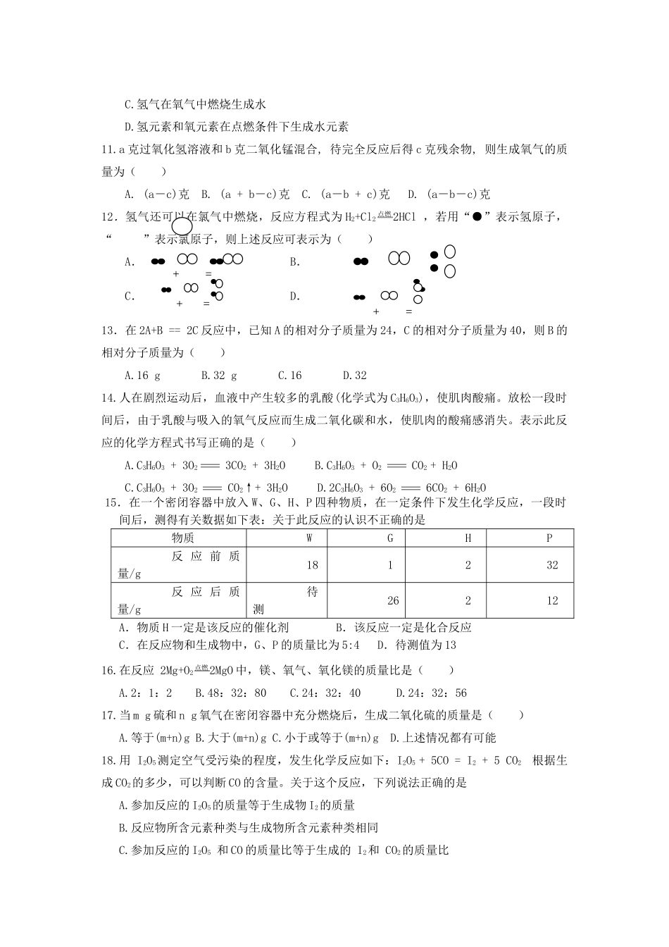 九年级化学全册 第五单元 定量研究化学反应单元综合测试 (新版)鲁教版试卷_第2页