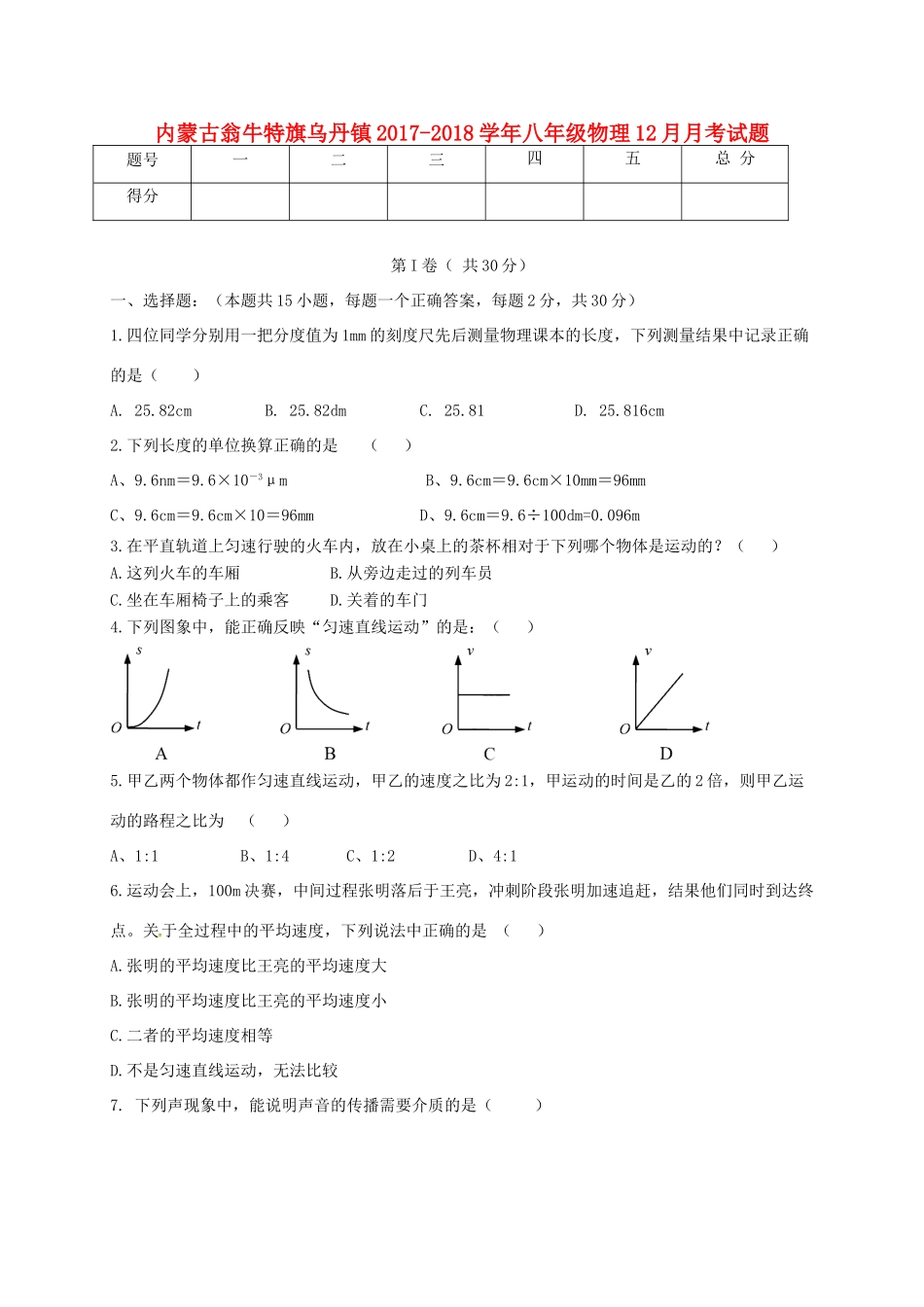 内蒙古翁牛特旗乌丹镇 八年级物理12月月考试题_第1页