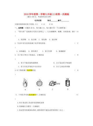 九年级化学第一学期第一次测验 沪教版试卷